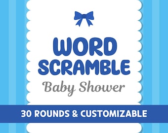 Virtual Baby Shower Word Scramble Game for Boy, Editable PowerPoint template, Zoom Online Games, Blue Bow Party Theme, Digital, Fun