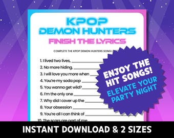 Finish The Lyrics Kpop Demon Hunters Party Games Printable - hunterween Quiz Sheets, Birthday Classroom Activity, KPDH School Worksheets