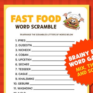Fast Food Word Scramble Games, Printable Food Quiz, Game Night for Kids ...
