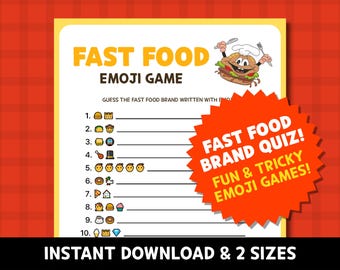 Fast Food Emoji Pictionary Games, Printable Food Quiz, Game night for Kids, Seniors, Teen, Family, Office, Instant Download