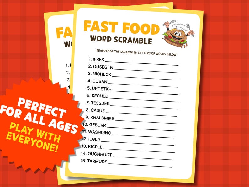 Fast Food Word Scramble Games, Printable Food Quiz, Game Night for Kids ...