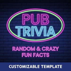 Puede incluir: Un letrero de estilo neón con el texto PUB TRIVIA en morado y azul, encerrado por un borde ovalado brillante. Debajo, el texto RANDOM & CRAZY FUN FACTS aparece en rosa. La parte inferior del gráfico muestra el texto CUSTOMIZABLE TEMPLATE.