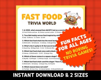 Fun Fast Food Trivia Games, Printable Holiday Food Quiz, Game night for Kids, Seniors, Teen, Family, Office, Instant Download