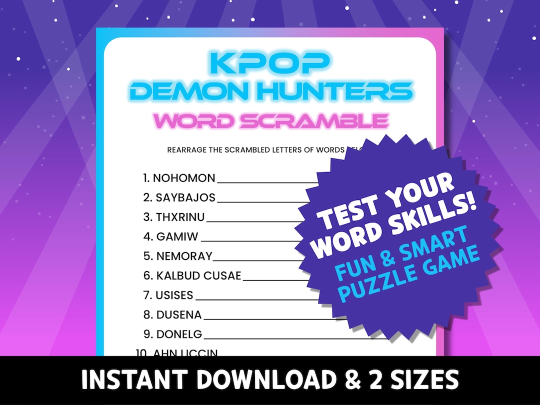 Word Scramble Kpop Demon Hunters Printable Party Games, Birthday