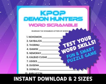 Word Scramble Kpop Demon Hunters Printable - Party Games, Birthday Classroom Activity, KPDH School Worksheets, hunterween Quiz Sheets