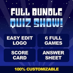 Peut inclure: Un graphique bleu et blanc avec le texte "FULL BUNDLE QUIZ SHOW!" dans une police rétro. Le graphique comprend également quatre boutons avec le texte "EASY EDIT LOGO", "SCORE CARD", "6 FULL GAMES", et "ANSWER SHEET". Le texte en bas du graphique indique "100% CUSTOMIZABLE".