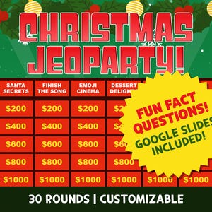 May include: A festive Christmas Jeopardy game board with categories like "Santa Secrets" and "Finish the Song." The red and gold game board features dollar amounts and the text "Fun Fact Questions! Google Slides Included!" The background is green with Christmas decorations.