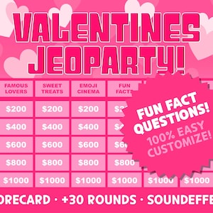以下が含まれることがあります： ピンク色のバレンタインデー版ジェパディゲームボード。 「有名な恋人」や「甘いお菓子」などのカテゴリーがあります。 ゲームには「面白い質問」セクションと「100％簡単にカスタマイズ！」というテキストが含まれています。