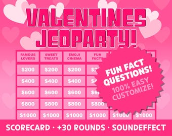 PowerPoint Valentine's Day Jeoparty QuizGame, Virtual Party for Couple, Group, Team, Families, Customizable Template, MAC & TV Compatible