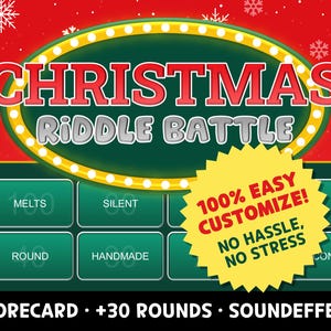 May include: A festive Christmas-themed graphic with the text "CHRISTMAS RIDDLE BATTLE" in red and white. The design includes a green game board with word prompts and a yellow starburst that says "100% EASY CUSTOMIZE!" on a red background.