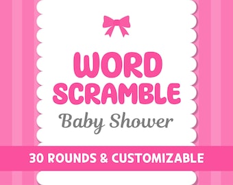 Virtual Baby Shower Word Scramble Game for Girl, Editable PowerPoint template, Zoom Online Games, Pink Bow Party Theme, Digital, Fun