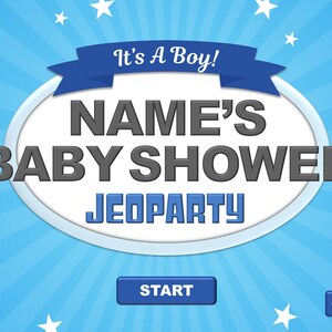 Virtual Baby Shower Game | Baby Jeopardy Powerpoint Template | Zoom Baby Shower | Boy Baby Shower trivia | Emoji Game | Word Scramble