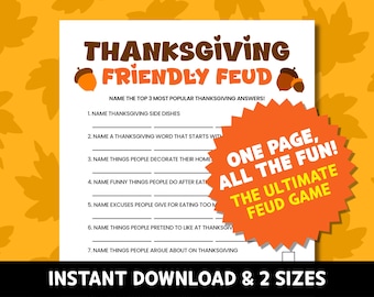 Friendly Family Feud Thanksgiving Game, Fall Party Fun Trivia Printable for kids, adults, teens, Work, Classroom Activity, Table Games