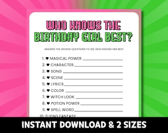 WKB Wicked Theme Party Game Printable - Who Knows The Birthday Girl Best, Teens Tweens Kids Trivia Quiz Activities Sheets Download Template