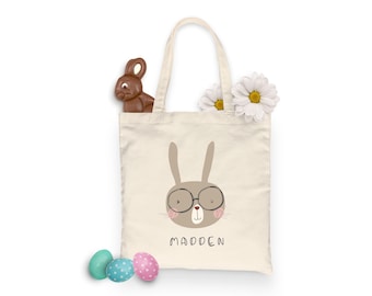 EASTER Bunny with GLASSES - TOTE Bag - 15x16 inch Natural color cotton tote - Easter Holiday Gift Bag - Egg Hunt Bag - personalized
