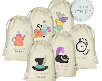 Alice In Wonderland Favor Bags, Set of 10 Mixed Design Personalized Favor Bags, Mad Hatter, Alice, Cheshire Cat, White Rabbit, Party Favors