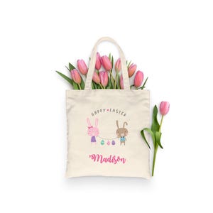 HAPPY EASTER Bunnies - TOTE Bag - 15x16 inch Natural color cotton tote - Easter Holiday Gift Bag - Egg Hunt Bag - personalized