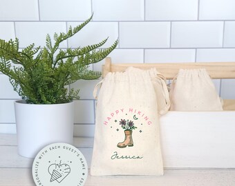 Happy Hiking Favor Bags, Personalized Camping Bags, Girl Scouts Party Favor Bags, Hiking Party, Girls Glamping Bags, Whimsical Hiking Bags