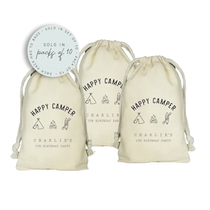 Happy Camper Party Favor Bags, Custom Camping Favors, Set of 10 Camping Bags, Outdoor, Camp Party, Smores, Mountains, Wild and Free Party