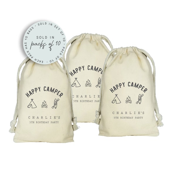 Happy Camper Party Favor Bags, Custom Camping Favors, Set of 10 Camping Bags, Outdoor, Camp Party, Smores, Mountains, Wild and Free Party