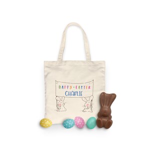 HAPPY EASTER banner - TOTE Bag - 15x16 inch Natural color cotton tote - Easter Holiday Gift Bag - Egg Hunt Bag - personalized