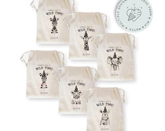 Safari Party Animal Favor Bags, Custom Safari Bags, Personalized Safari Favor Bag, Mixture of Designs Giraffe, Zebra, Elephant, Tiger, Rhino