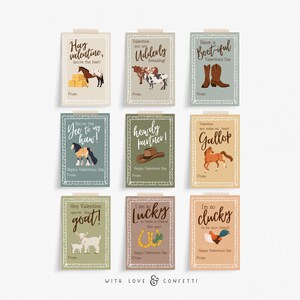 Tarjetas de San Valentín con caballos, tarjetas de San Valentín imprimibles de rodeo, tarjetas de San Valentín para el aula del rancho, tarjetas de San Valentín campestres, vaca, cabra, polluelo