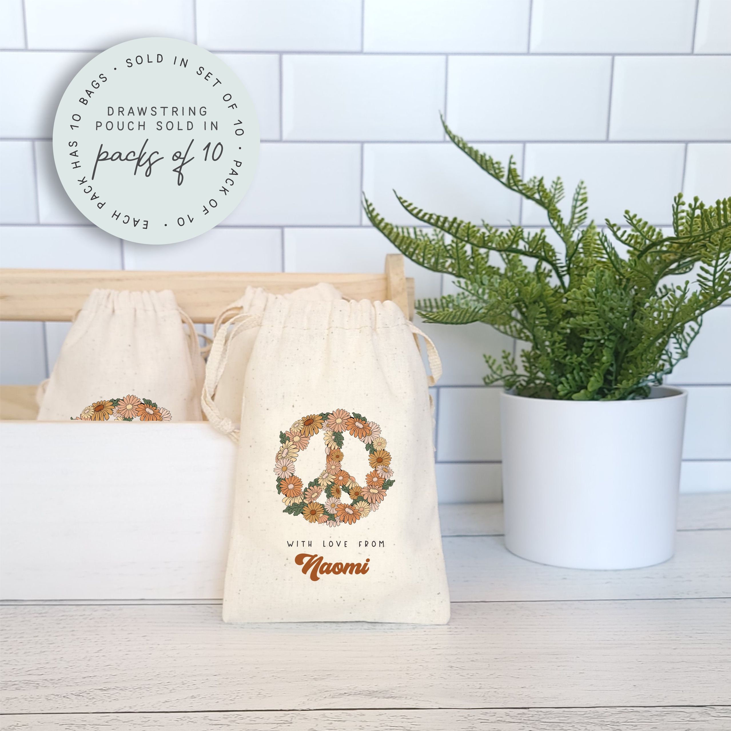 BOHO Daisy Peace Sign Favor Bag Set Retro Groovy Peace Sign Set of 10 Favor Bags Daisy 70s Hippie Bag Peace Love Birthday