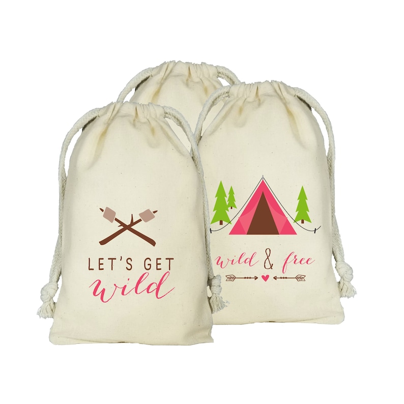 GLAMPING Personalized Favor Bags Set of 10 Birthday BACHELORETTE Camping Smores TENT Scouts party favor bags image 1