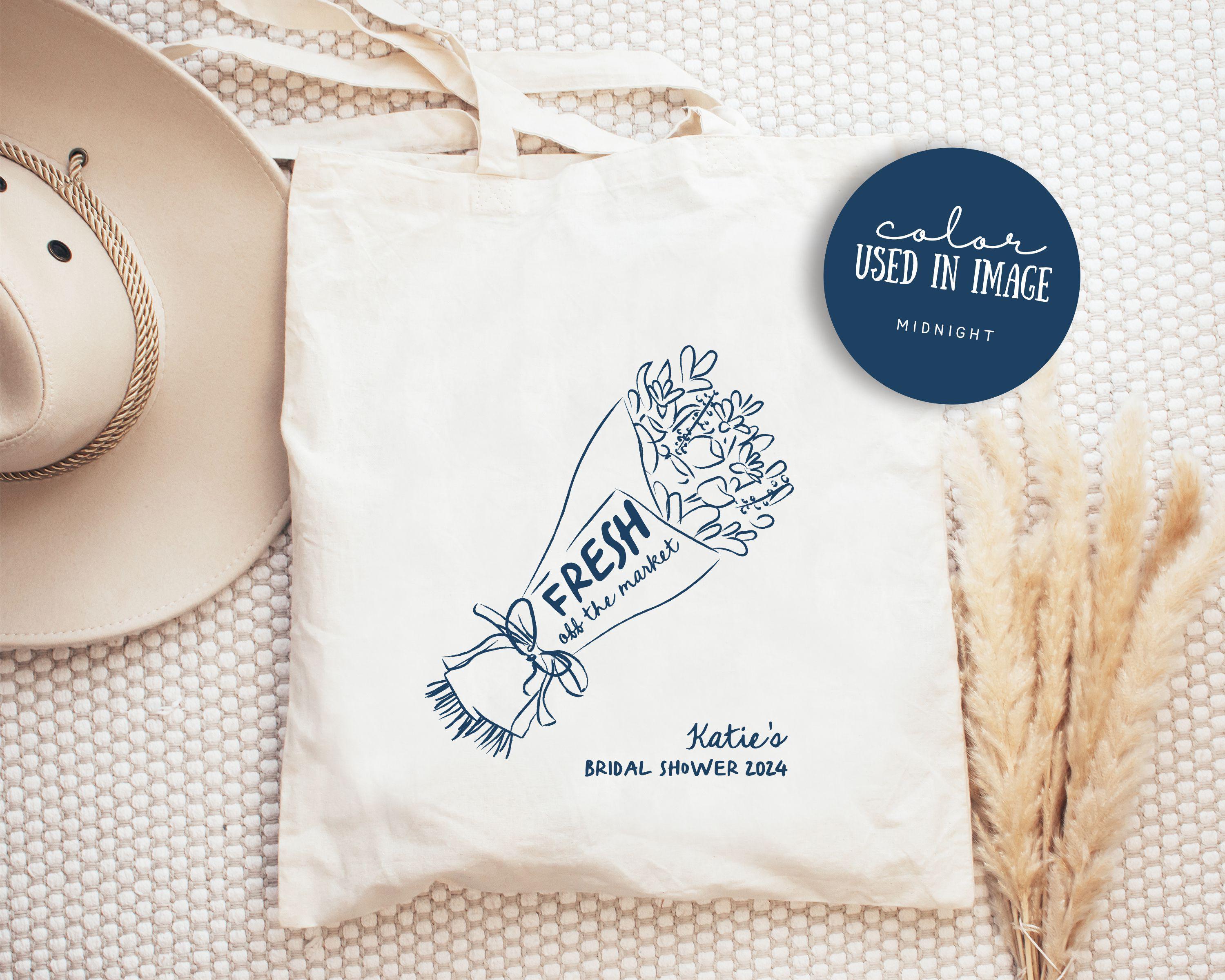 Fresh Off The Market Bachelorette Tote Bags, Farmer's Market Theme Party Favors, She's Fresh Off The Market Bridal Shower Theme Tote Bags