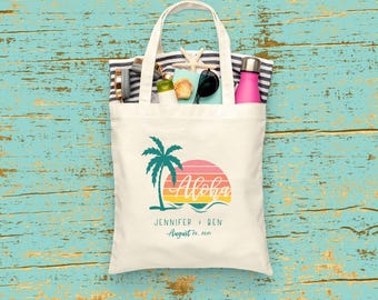 Hawaii Destination Wedding Tote, Welcome Bag, Custom Wedding Bags, Aloha Tote, 15x16 Natural color cotton tote, Personalized Wedding Bag