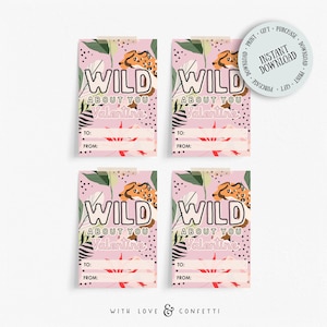 Pink Wild Animal Valentine&#39;s Day Cards, Modern Classroom Valentine&#39;s Day Cards, Instant Download Lion, Zebra, Tiger, Giraffe, Leopard Print