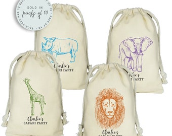 Safari Wild Animal Favor Bags, Set of 10 Personalized Favor Bags, Lion, Giraffe, Elephant, Rhino Favor Bags, Custom Safari Party Favors