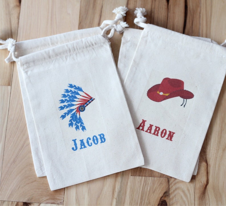 Cowboy and Indian Favor Bags, Native American Teepee, Cowboy Favors, Native Headdress, Cowboy Hat, Set of 10 Personalized Favor Bags image 6