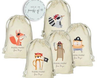 PIRATE ANIMALS Favor Bags, Set of 10  Personalized Favor Bags, Pirate Kids Party Theme, Woodland Pirate Animals, Cute Pirate Favor Bags