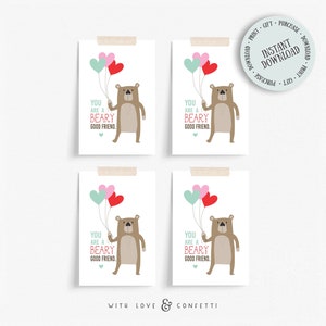 Tarjetas de San Valentín con ositos, lindas tarjetas de San Valentín para el aula, descarga instantánea de tarjetas de San Valentín para jardín de infantes, tarjeta para imprimir desde casa