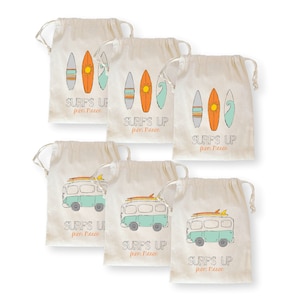 May include: Six small, natural-colored canvas bags with drawstring closures. Three bags feature a design of three surfboards with a sun and waves. The other three bags feature a design of a vintage van with surfboards on top. All bags have the text "SURFS UP from [Name]" printed on them.