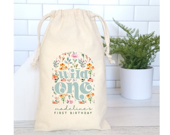 Wild One Wildflower Birthday Favor Bags, Set of 10 Wild One Bags, Boho Modern Floral Wildflower Party Theme Bags, Custom Wild One Favor Bags