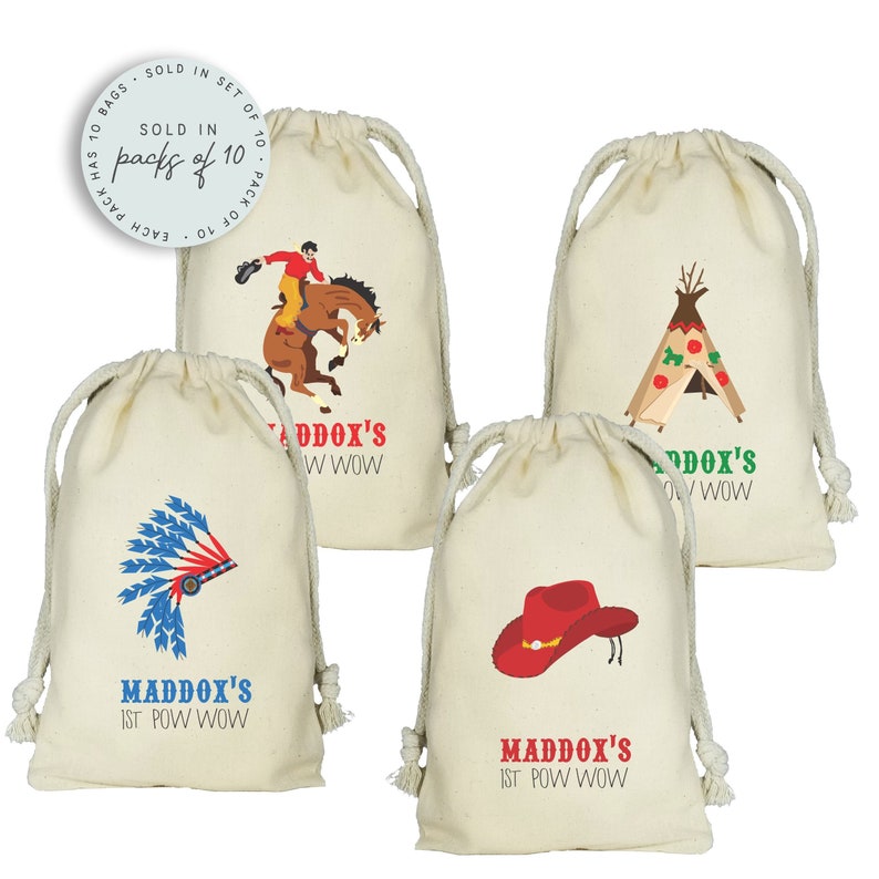 Cowboy and Indian Favor Bags, Native American Teepee, Cowboy Favors, Native Headdress, Cowboy Hat, Set of 10 Personalized Favor Bags image 1
