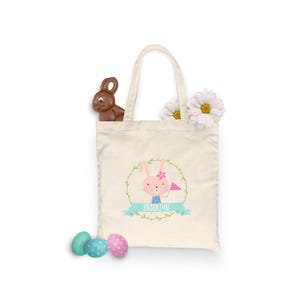 CUTE Easter Bunny Girl - TOTE Bag - 15x16 inch Natural color cotton tote - Easter Holiday Gift Bag - Egg Hunt Bag - personalized