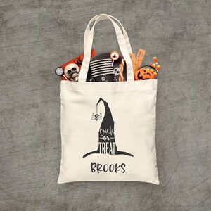 TRICK or Treat Witch hat - HALLOWEEN - TOTE Bag - Trick or Treat Bag - Candy bag - 15x16 inch Natural color cotton tote - custom