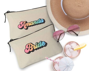 Retro Rainbow Custom Name Cosmetic Bag, Zippered Makeup Bag, Custom Pencil Bag, Zipper Pouch, Bridesmaid Gift Makeup Bag, Vegas Party Favors