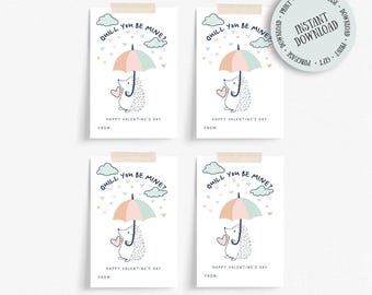 May include: Four Valentine's Day cards with a cute hedgehog design. Each card features a hedgehog holding a heart under an umbrella, with the text "Quill You Be Mine?" and "Happy Valentine's Day". The cards are attached with tape.