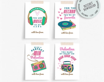 Music Lover Valentine's Day Cards, Classroom Valentine's Day Cards, Instant Download Retro Music Valentine Day Cards, Print From Home Cards