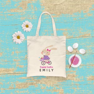 EASTER Bunny on Bike - TOTE Bag - 15x16 inch Natural color cotton tote - Easter Holiday Gift Bag - Egg Hunt Bag - personalized
