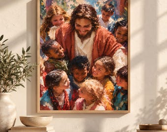 Jesus with Children Wall Art | Joyful Christian Painting | Textured Biblical Art | Printable Kids Room Decor