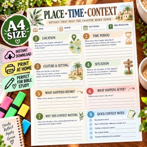 May include: A printable A4 Bible study worksheet titled Place Time Context with eight numbered sections for recording location, time period, culture, situation, historical events, and notes. The document features illustrations of maps, hourglasses, and desert landscapes.