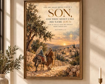 Matthew 1:21 Bible Verse Wall Art | Journey to Bethlehem Christmas Print | Christian Scripture Decor