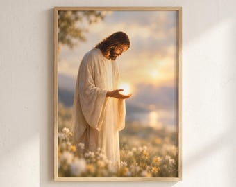 May include: A framed wall art print depicting a figure with long hair and a beard, wearing a light-colored robe, standing in a field of white flowers. The figure holds a glowing, bright orb of light in their hands at sunset.