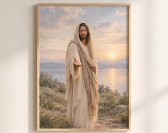 May include: A framed wall art print depicting a figure with long brown hair and a beard, wearing a light-colored robe and shawl, standing in a landscape with a lake and hills at sunset, with one hand extended forward in a gesture.